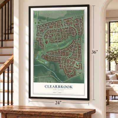 Clearbrook, New Jersey map, 24 x 36 inch print in a black frame by a staircase
