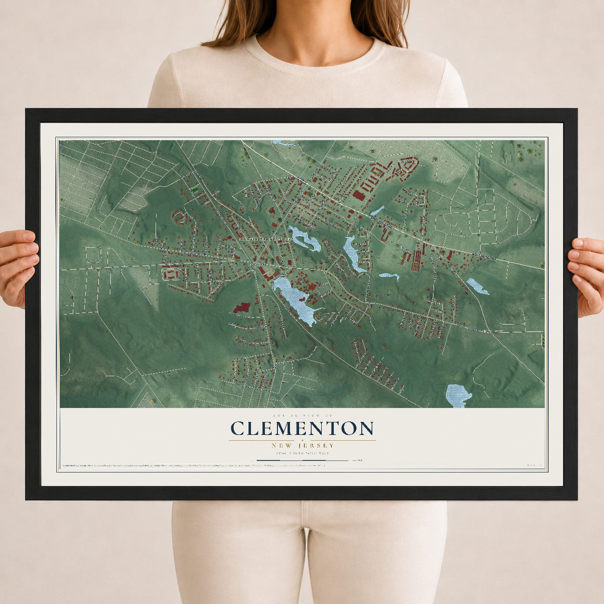 Clementon, New Jersey map print, 18" x 24" W/ Black Ayous Wood Frame mockup