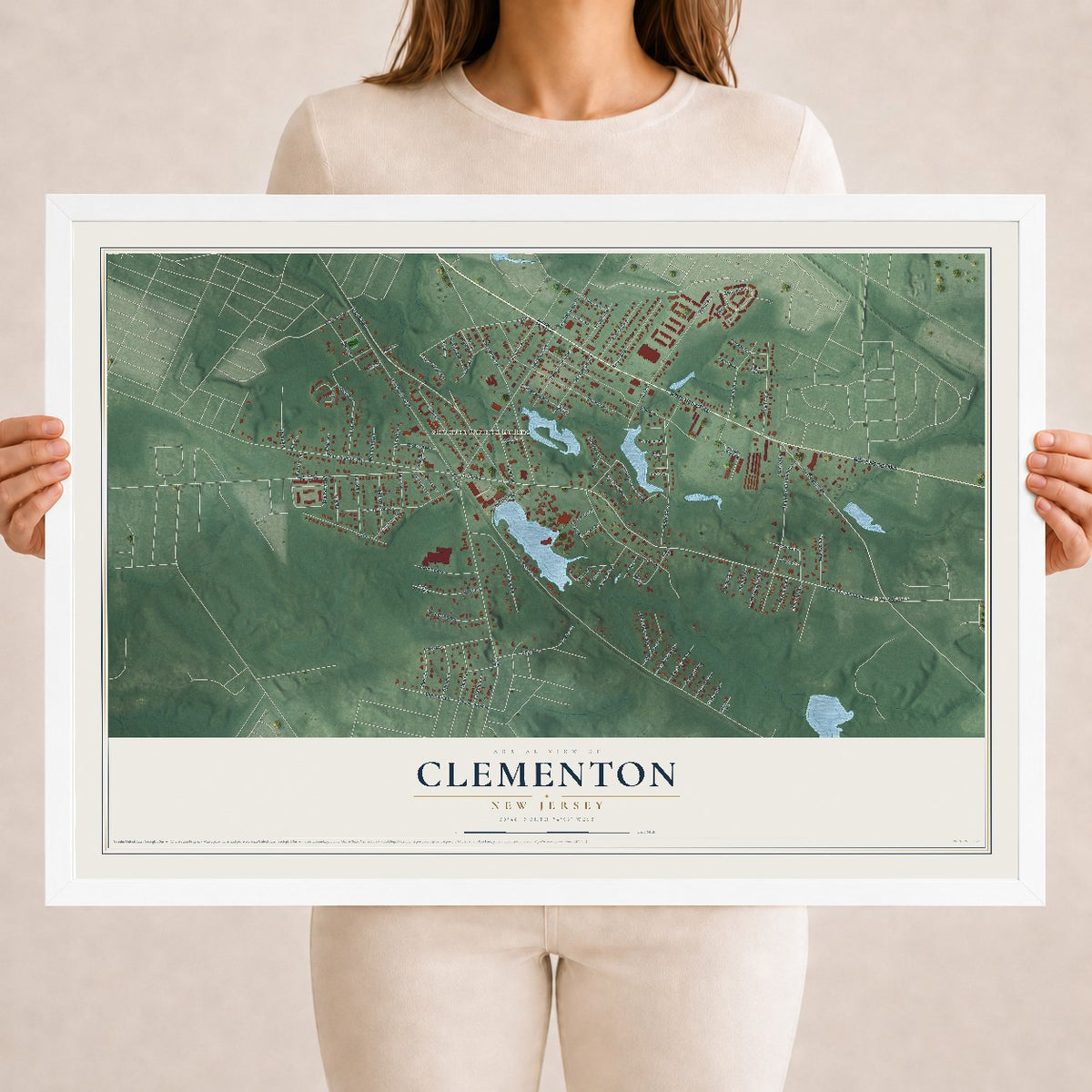 Clementon, New Jersey map print, 18" x 24" W/ White Ayous Wood Frame mockup