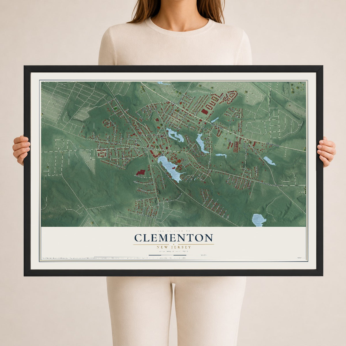 Clementon, New Jersey map print, 24" x 36" W/ Black Ayous Wood Frame mockup