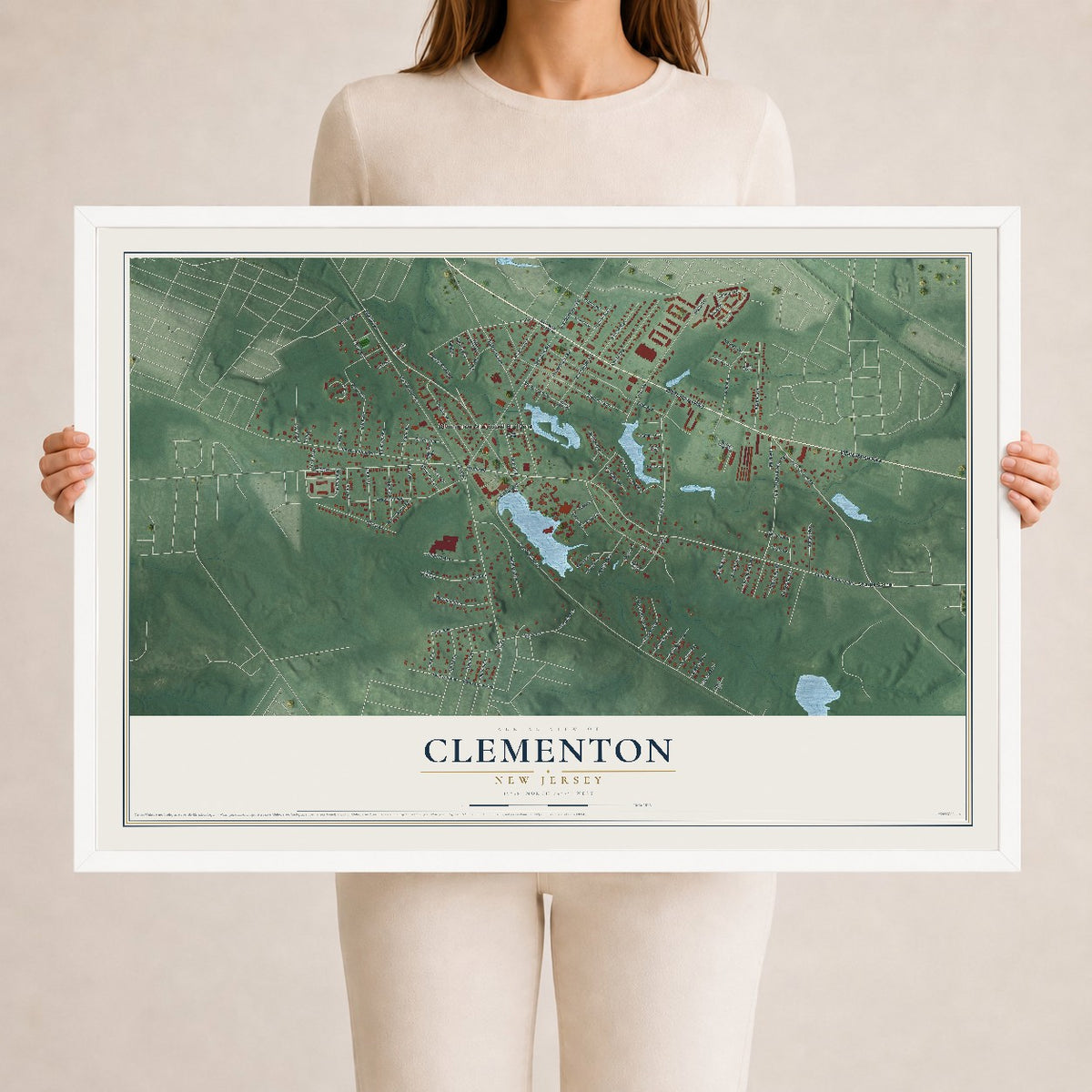 Clementon, New Jersey map print, 24" x 36" W/ White Ayous Wood Frame mockup