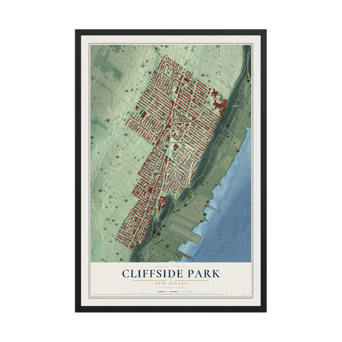 Cliffside Park, New Jersey map print, 12" x 18" W/ Black Ayous Wood Frame mockup
