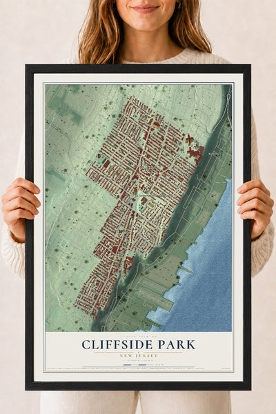 Cliffside Park, New Jersey map print, 18" x 24" W/ Black Ayous Wood Frame mockup