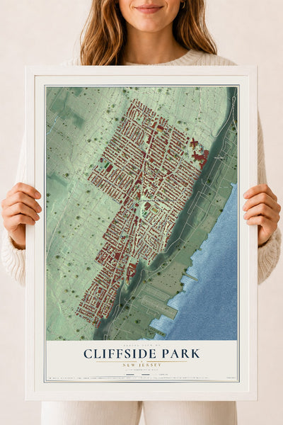 Cliffside Park, New Jersey map print, 18" x 24" W/ White Ayous Wood Frame mockup