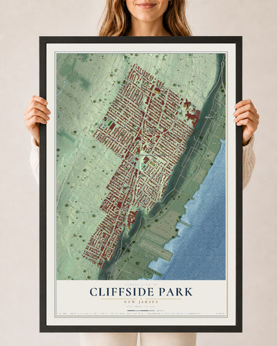 Cliffside Park, New Jersey map print, 24" x 36" W/ Black Ayous Wood Frame mockup