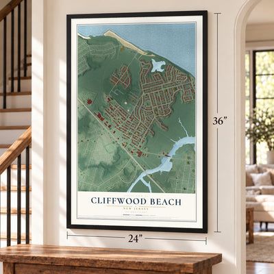 Cliffwood Beach, New Jersey map, 24 x 36 inch print in a black frame by a staircase