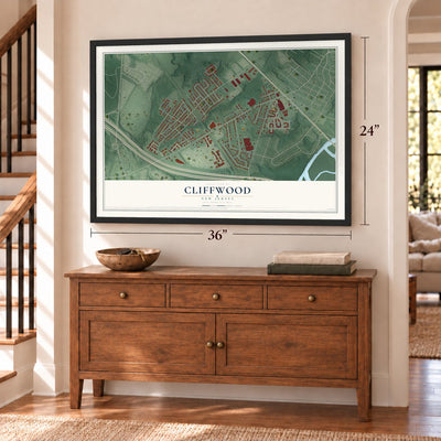 Cliffwood, New Jersey map, 24 x 36 inch print in a black frame above a dresser by a staircase