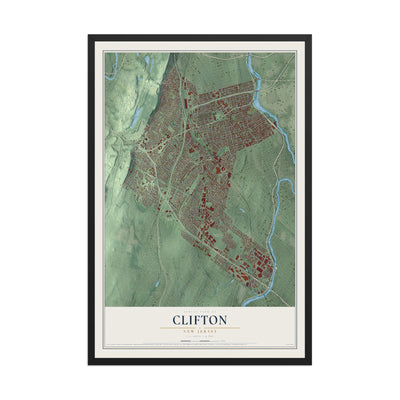 Clifton, New Jersey map print, 12" x 18" W/ Black Ayous Wood Frame mockup