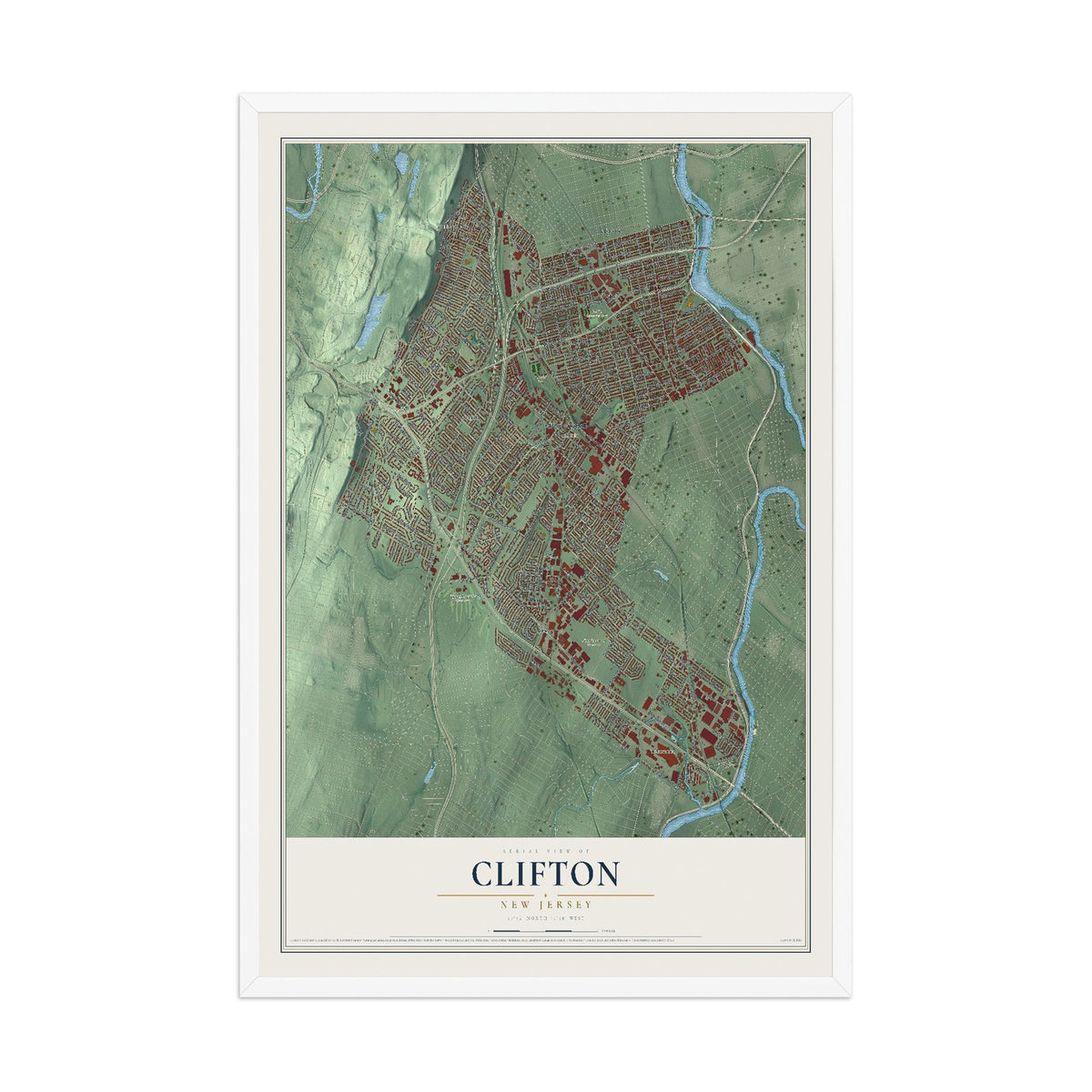 Clifton, New Jersey map print, 12" x 18" W/ White Ayous Wood Frame mockup