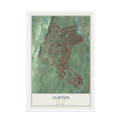 Clifton, New Jersey map print, 12" x 18" W/ White Ayous Wood Frame mockup