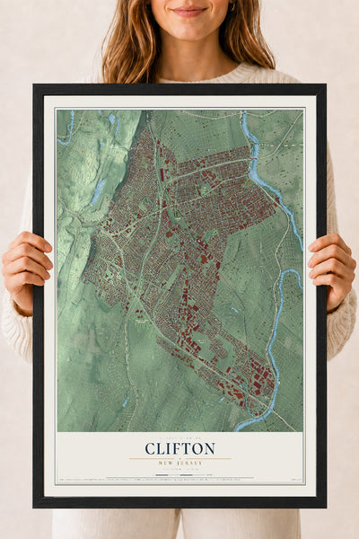 Clifton, New Jersey map print, 18" x 24" W/ Black Ayous Wood Frame mockup