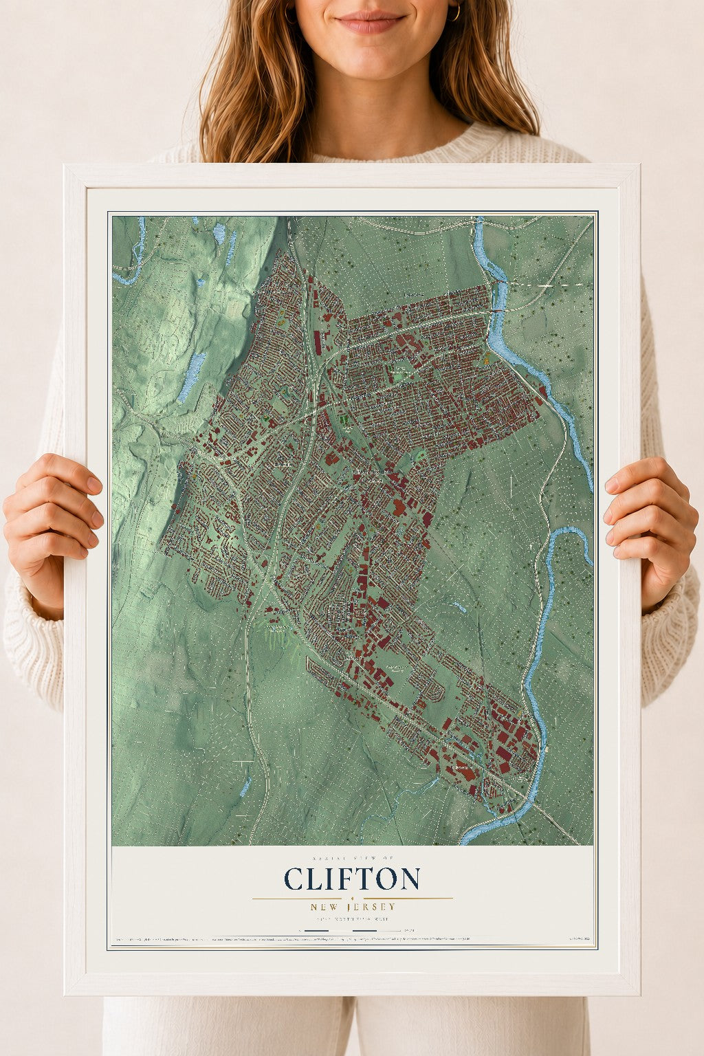 Clifton, New Jersey map print, 18" x 24" W/ White Ayous Wood Frame mockup