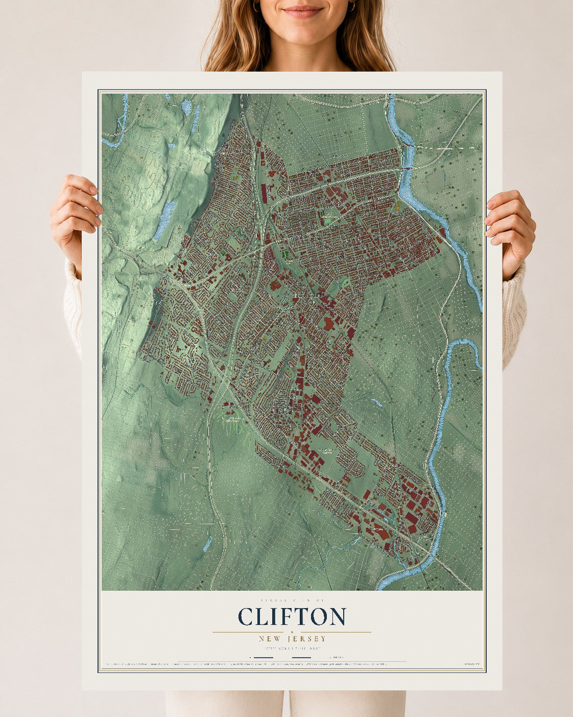 Clifton, New Jersey map print, 24" x 36" Archival Matte Print mockup