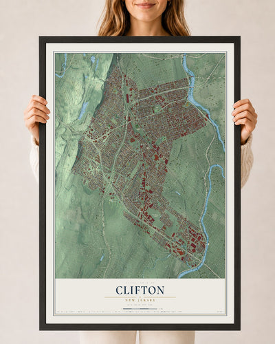 Clifton, New Jersey map print, 24" x 36" W/ Black Ayous Wood Frame mockup