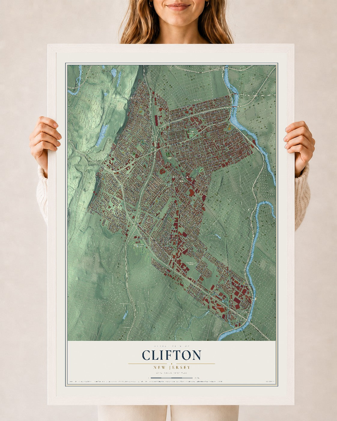 Clifton, New Jersey map print, 24" x 36" W/ White Ayous Wood Frame mockup