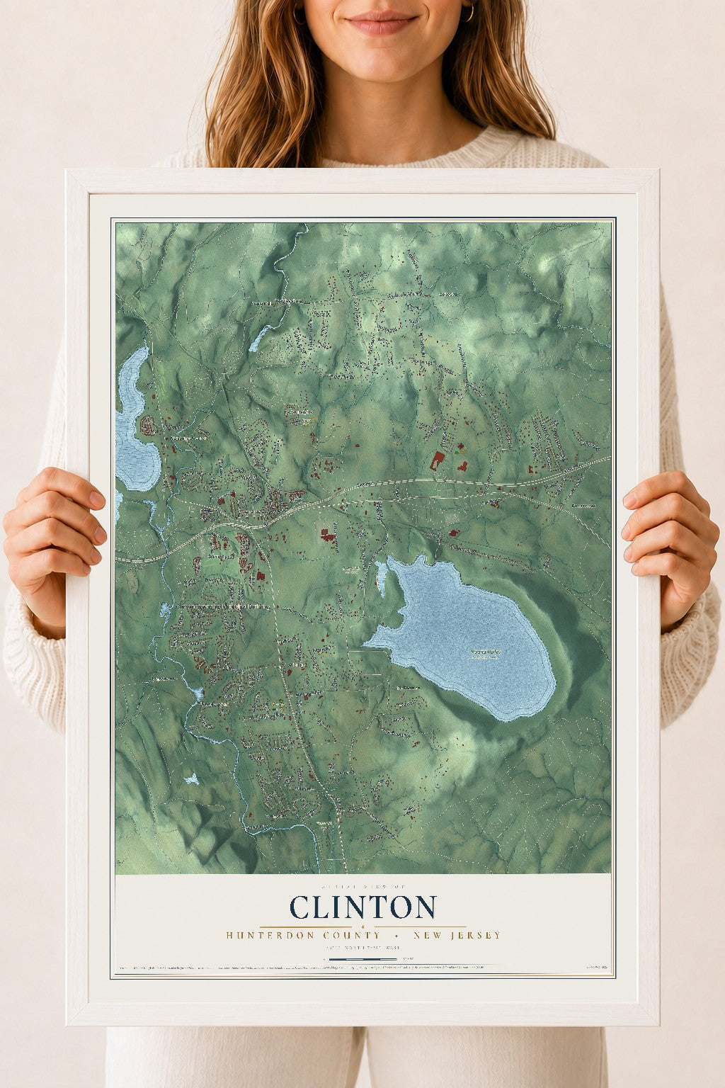 Clinton, New Jersey map print, 18" x 24" W/ White Ayous Wood Frame mockup