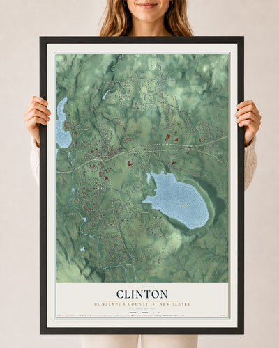 Clinton, New Jersey map print, 24" x 36" W/ Black Ayous Wood Frame mockup