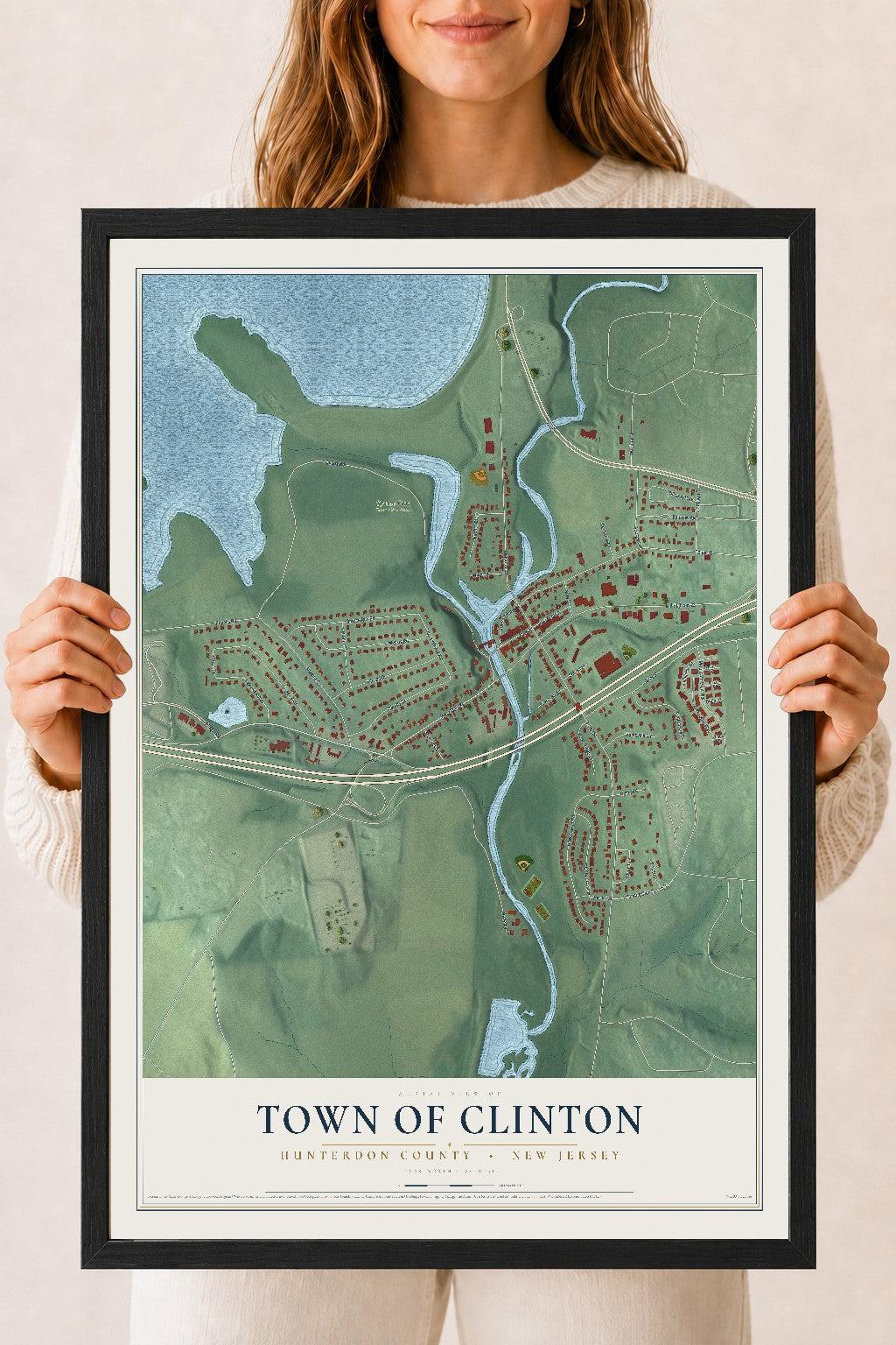 Town of Clinton, New Jersey map print, 18" x 24" W/ Black Ayous Wood Frame mockup