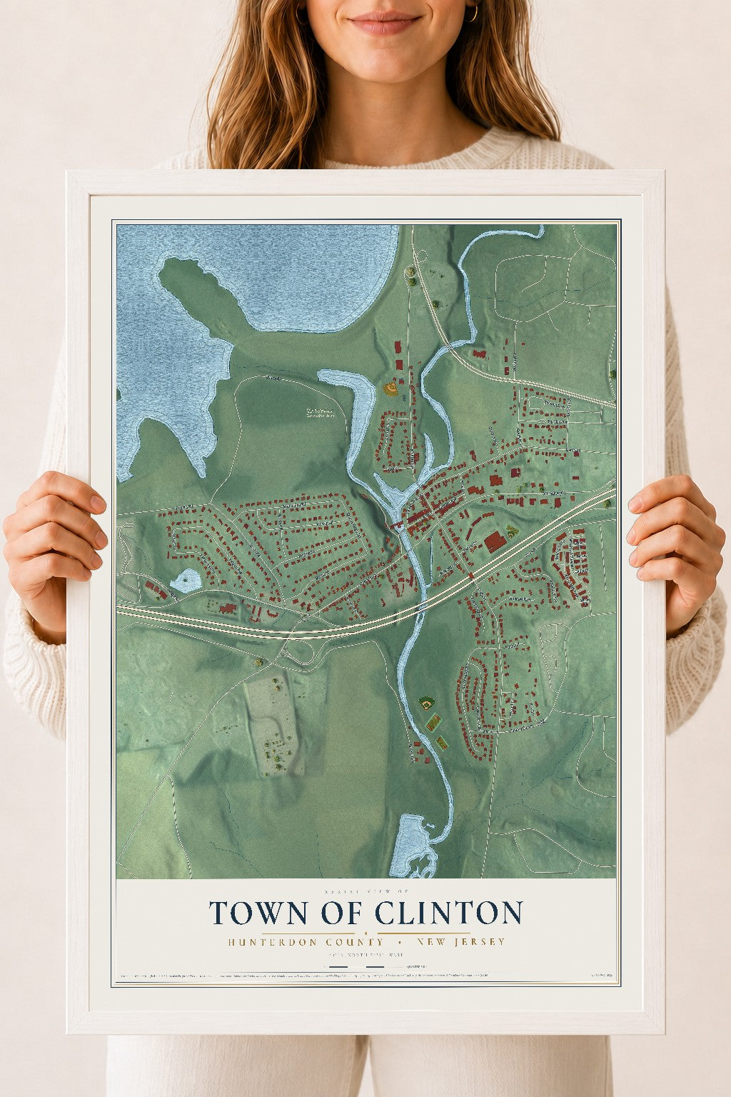 Town of Clinton, New Jersey map print, 18" x 24" W/ White Ayous Wood Frame mockup