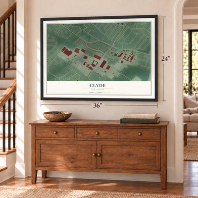 Clyde, New Jersey map, 24 x 36 inch print in a black frame above a dresser by a staircase