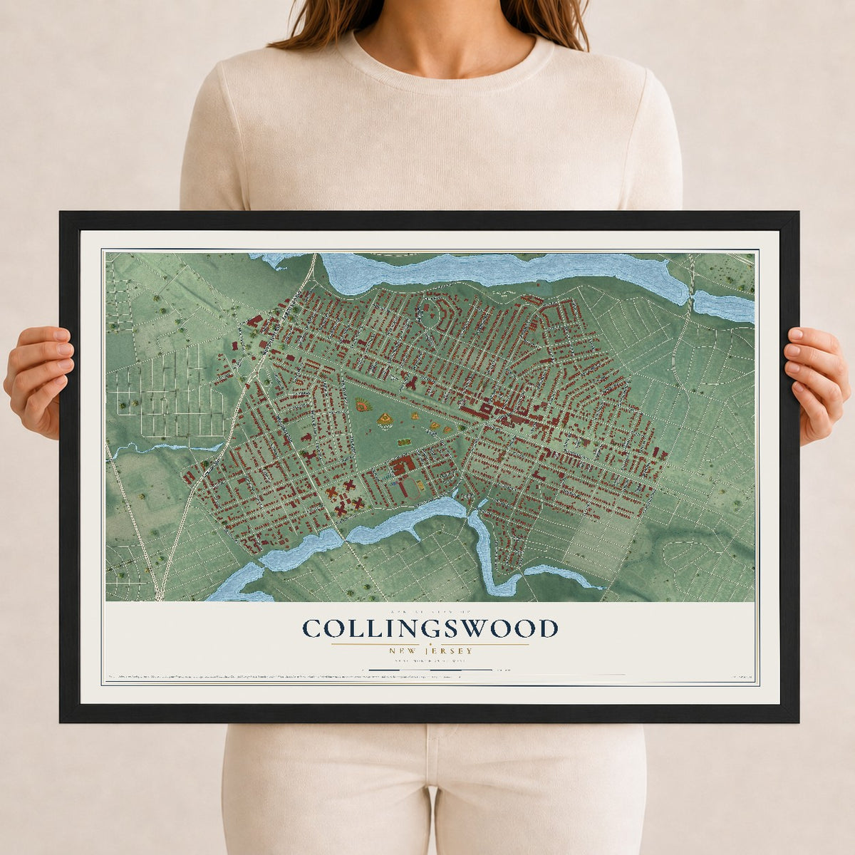 Collingswood, New Jersey map print, 12" x 18" W/ Black Ayous Wood Frame mockup