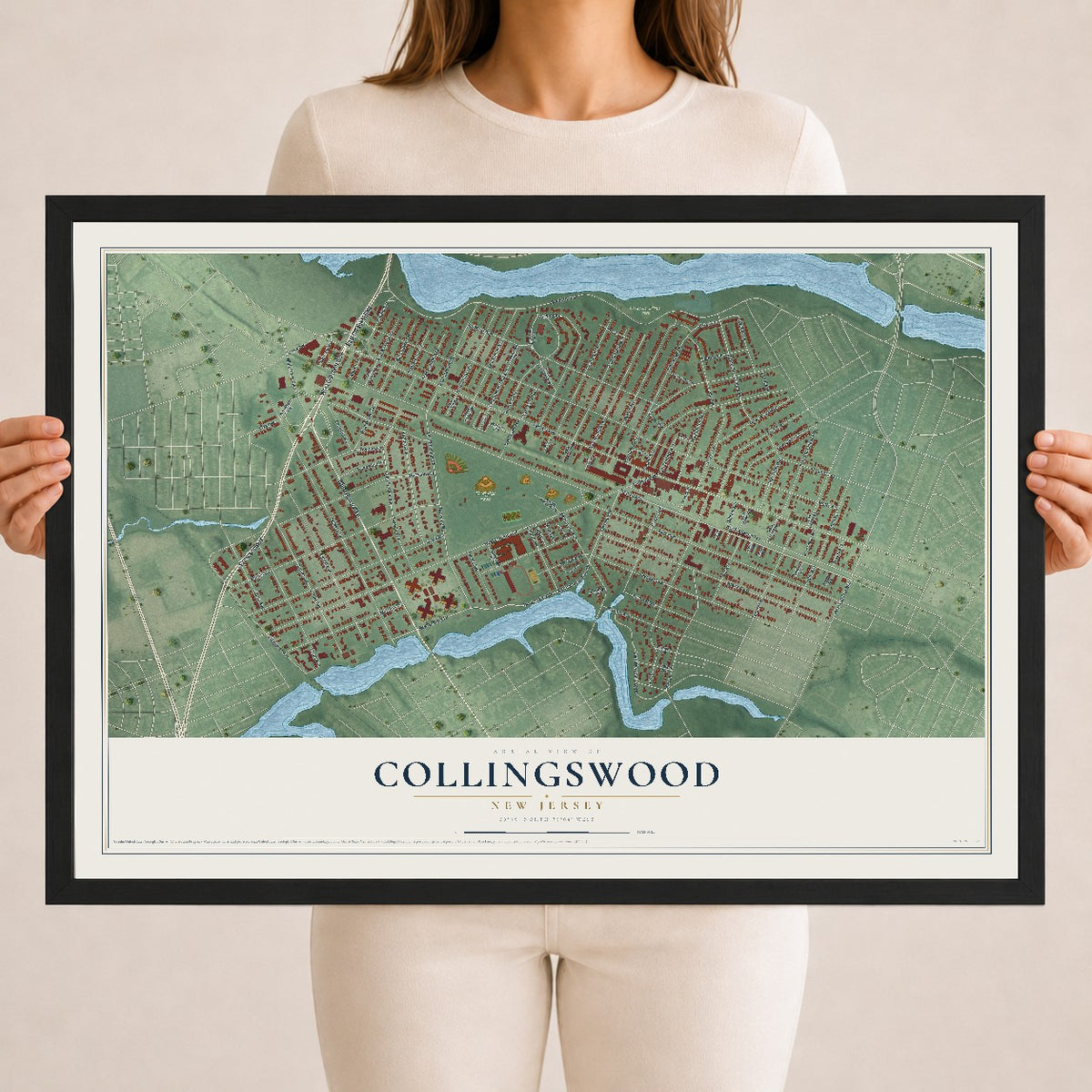 Collingswood, New Jersey map print, 18" x 24" W/ Black Ayous Wood Frame mockup