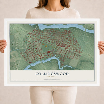 Collingswood, New Jersey map print, 18" x 24" W/ White Ayous Wood Frame mockup