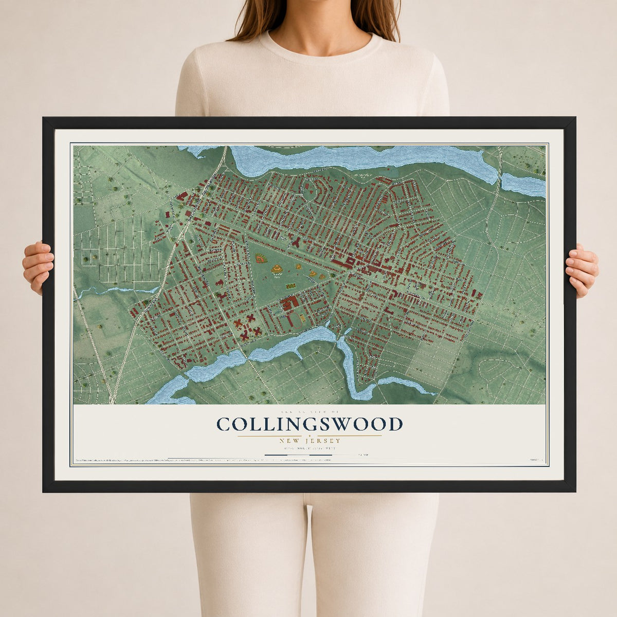 Collingswood, New Jersey map print, 24" x 36" W/ Black Ayous Wood Frame mockup