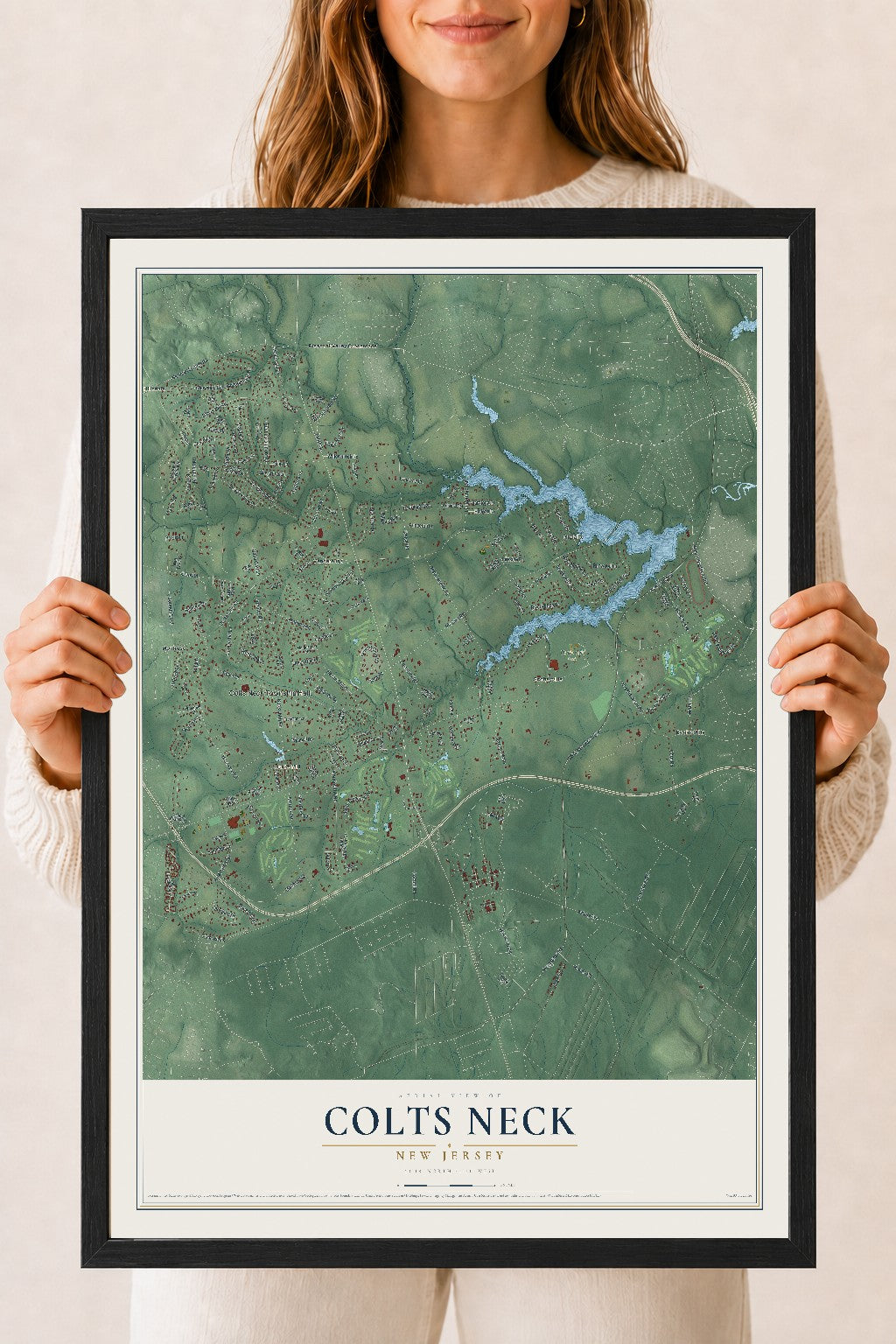 Colts Neck, New Jersey map print, 18" x 24" W/ Black Ayous Wood Frame mockup