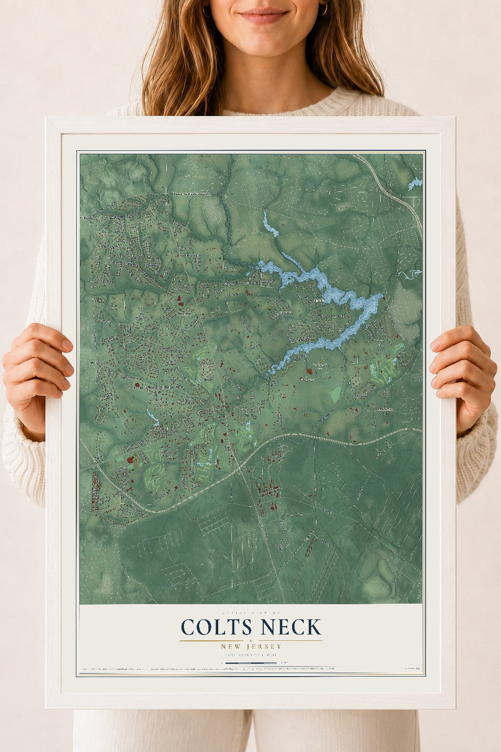 Colts Neck, New Jersey map print, 18" x 24" W/ White Ayous Wood Frame mockup