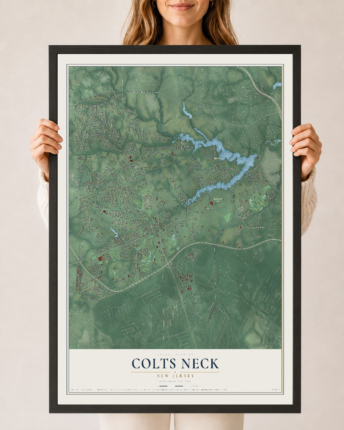 Colts Neck, New Jersey map print, 24" x 36" W/ Black Ayous Wood Frame mockup