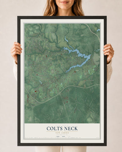 Colts Neck, New Jersey map print, 24" x 36" W/ Black Ayous Wood Frame mockup