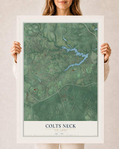 Colts Neck, New Jersey map print, 24" x 36" W/ White Ayous Wood Frame mockup