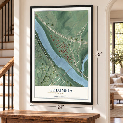 Columbia, New Jersey map, 24 x 36 inch print in a black frame by a staircase