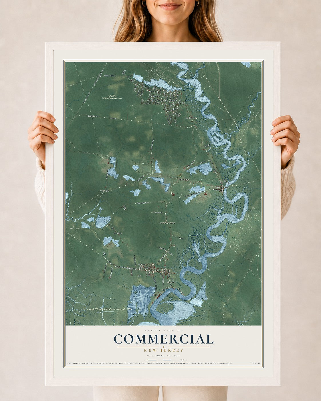 Commercial, New Jersey map print, 24" x 36" W/ White Ayous Wood Frame mockup