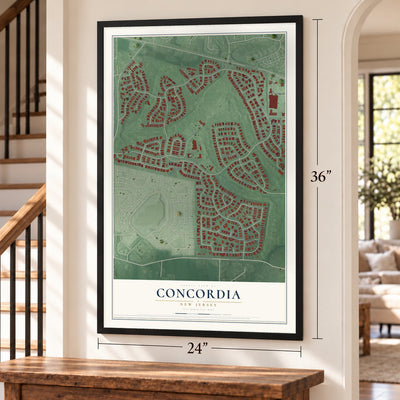 Concordia, New Jersey map, 24 x 36 inch print in a black frame by a staircase
