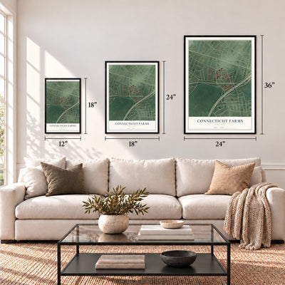 Connecticut Farms, New Jersey map in 12 x 18, 18 x 24 and 24 x 36 inch sizes above a sofa