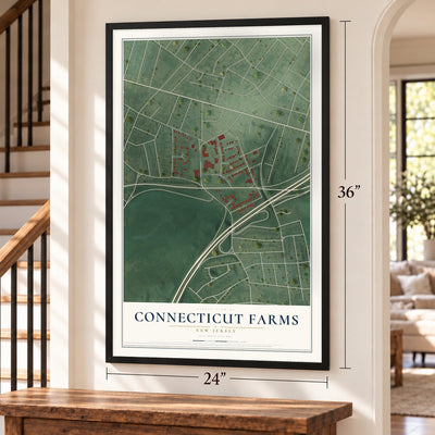 Connecticut Farms, New Jersey map, 24 x 36 inch print in a black frame by a staircase