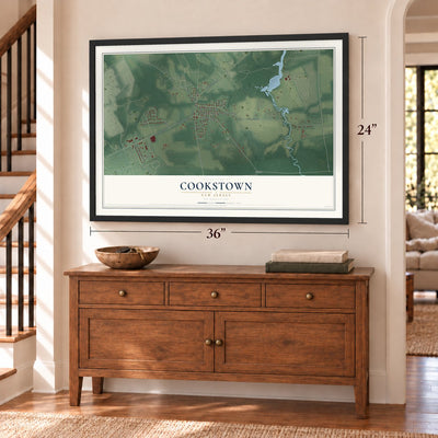 Cookstown, New Jersey map, 24 x 36 inch print in a black frame above a dresser by a staircase