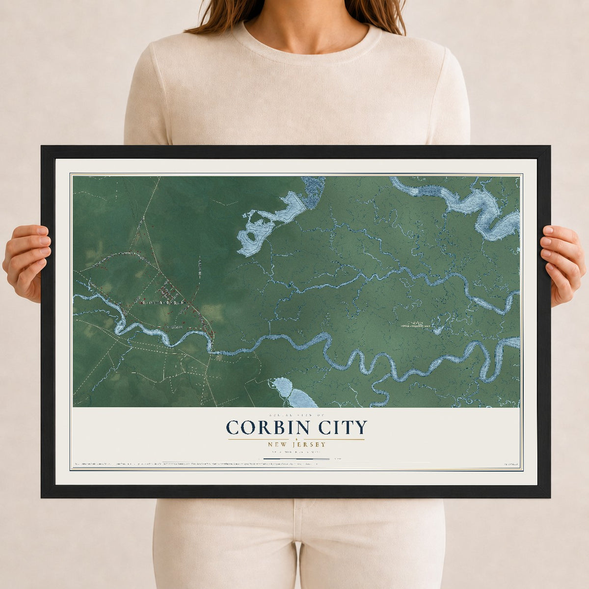 Corbin City, New Jersey map print, 12" x 18" W/ Black Ayous Wood Frame mockup
