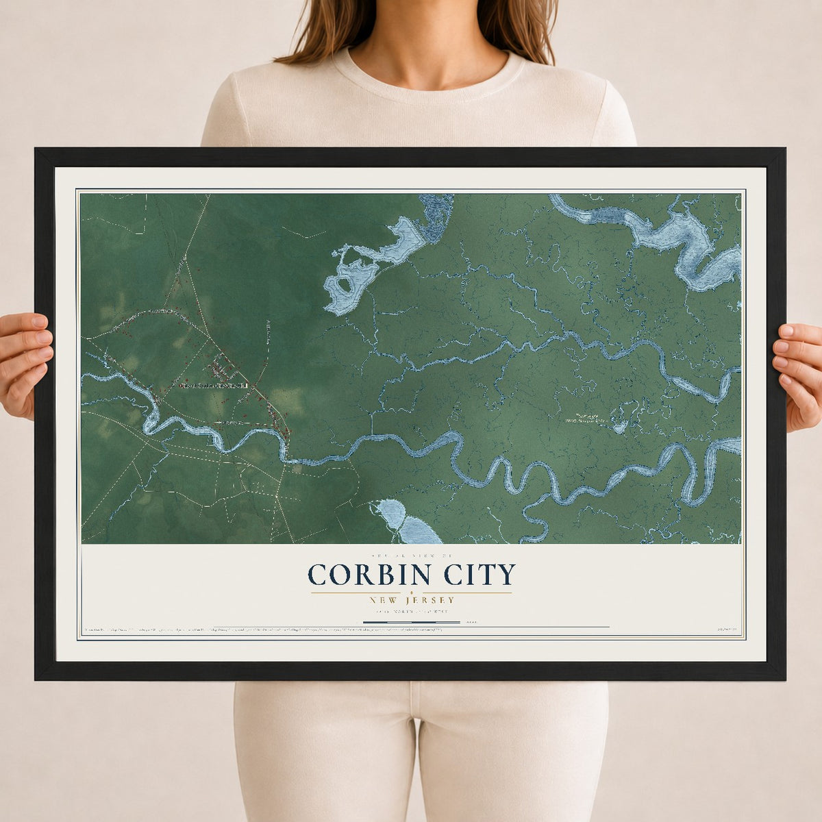 Corbin City, New Jersey map print, 18" x 24" W/ Black Ayous Wood Frame mockup