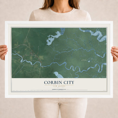 Corbin City, New Jersey map print, 18" x 24" W/ White Ayous Wood Frame mockup