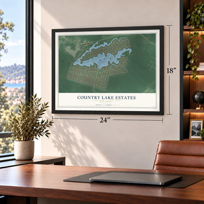 Country Lake Estates, New Jersey map, 18 x 24 inch print in a black frame in a home office