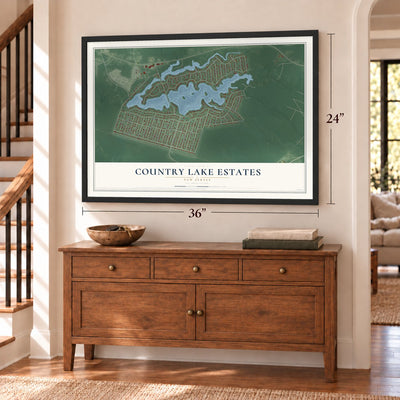 Country Lake Estates, New Jersey map, 24 x 36 inch print in a black frame above a dresser by a staircase