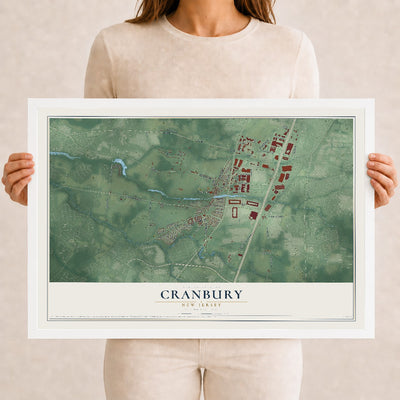 Cranbury, New Jersey map print, 12" x 18" W/ White Ayous Wood Frame mockup