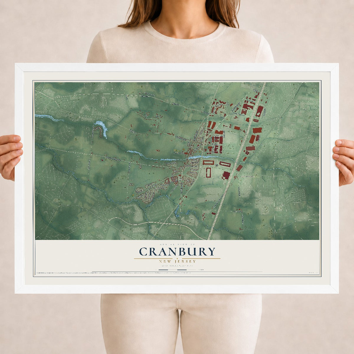 Cranbury, New Jersey map print, 18" x 24" W/ White Ayous Wood Frame mockup
