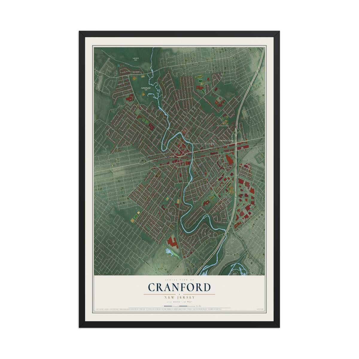 Cranford, New Jersey map print, 12" x 18" W/ Black Ayous Wood Frame mockup