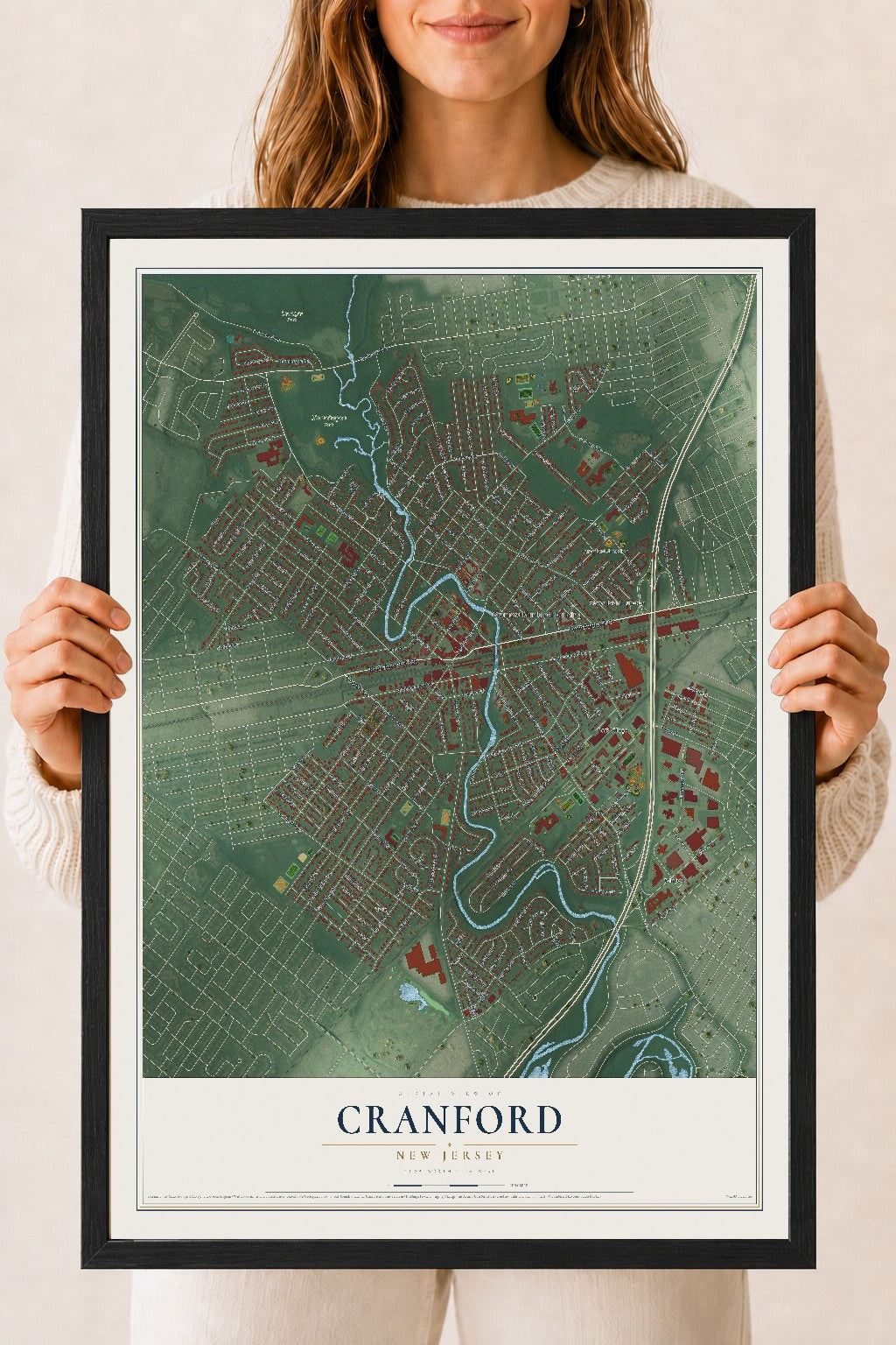 Cranford, New Jersey map print, 18" x 24" W/ Black Ayous Wood Frame mockup