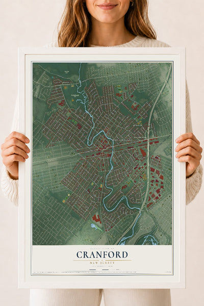 Cranford, New Jersey map print, 18" x 24" W/ White Ayous Wood Frame mockup