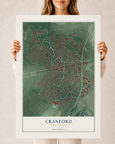 Cranford, New Jersey map print, 24" x 36" W/ White Ayous Wood Frame mockup
